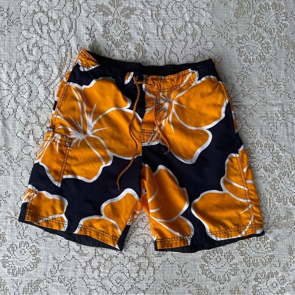 Speedo Men's Swim Shorts Black w/Orange Floral Design Mesh Lined pockets medium